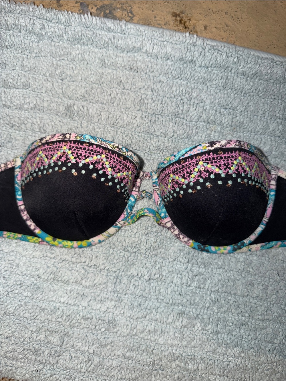 Victoria's Secret Black underwire Bikini top with Pink and Teal Accents
